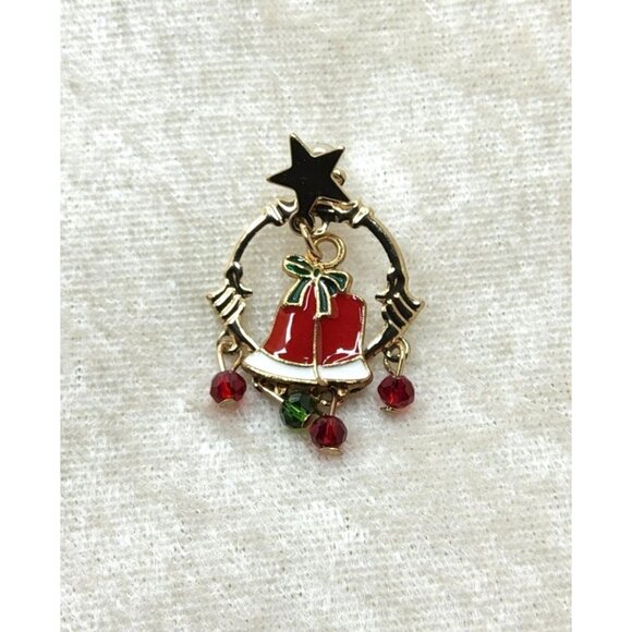 Vintage Red,Gold,Green Enamel Wreath Star and Bell Pin - Picture 1 of 4